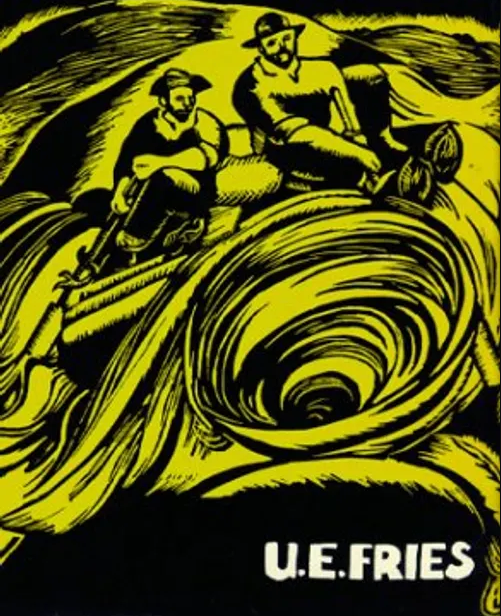 A yellow and black woodcut-style illustration of two bearded men in hats sitting amidst a swirling, turbulent landscape, with the text 'U.E. FRIES' in the bottom right corner.